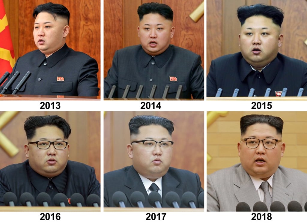 A combination image of file photos released by North Korea's Korean Central News Agency (KCNA) shows North Korea's leader Kim Jong-un giving his New Year address from 2013-2018. Photo: Reuters