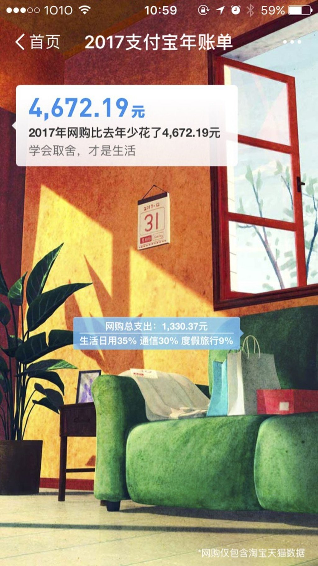 Screenshot of 2017 Alipay Annual User Footprint Report, which breaks down a user's yearly spending by category through the Alipay app. Photo: Handout