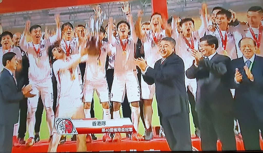 Hong Kon celebrate with the interport trophy. Photo: NOW TV Hong Kon celebrate with the interport trophy. Photo: NOW TV
