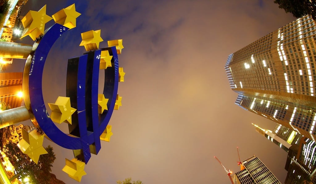 The euro sign landmark outside the headquarters of the ECB in Frankfurt. If the euro keeps rising, inflation and growth in Europe could slow, making the ECB even more reluctant to withdraw stimulus. Photo: Reuters