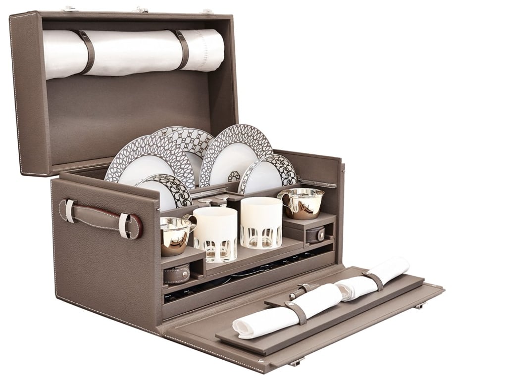 Picnic case in pewter Clemence bull calf and goatskin from Hermès.