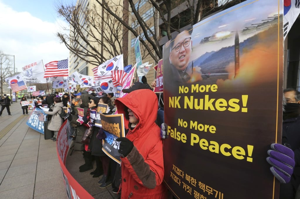 South Korean protesters stage a rally against North Korea’s nuclear programme near the US embassy in Seoul. Photo: AP