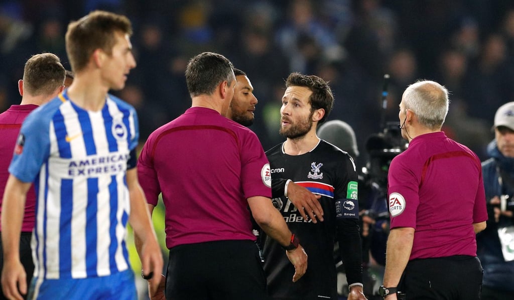 Crystal Palace's Yohan Cabaye remonstrates with referee Andre Marriner at the end of the match. Photo: Reuters