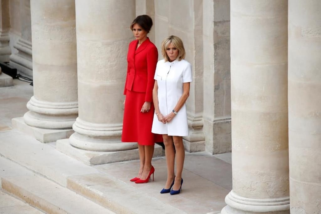 Brigitte Macron, wife of French President Emmanuel Macron, and U.S. First Lady Melania Trump attend a welcoming ceremony. Photo: REUTERS/Charles Platiau