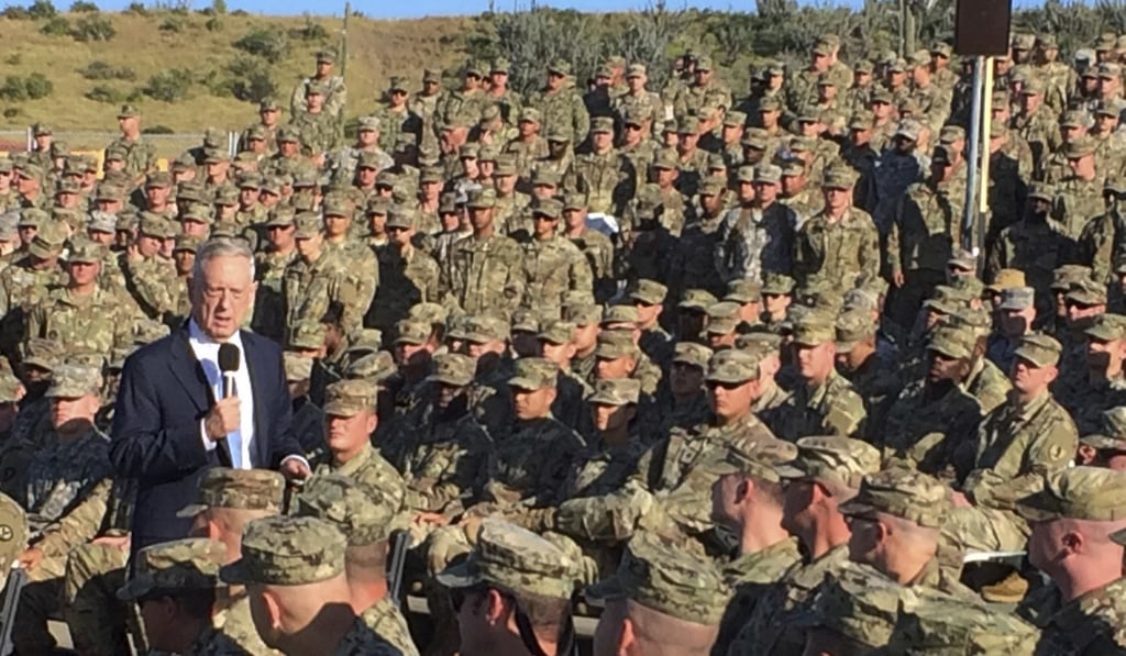 US Defence Secretary James Mattis talks to troops at an outdoor movie theatre at Guantanamo Bay, Cuba, in December 2017. Photo: AP