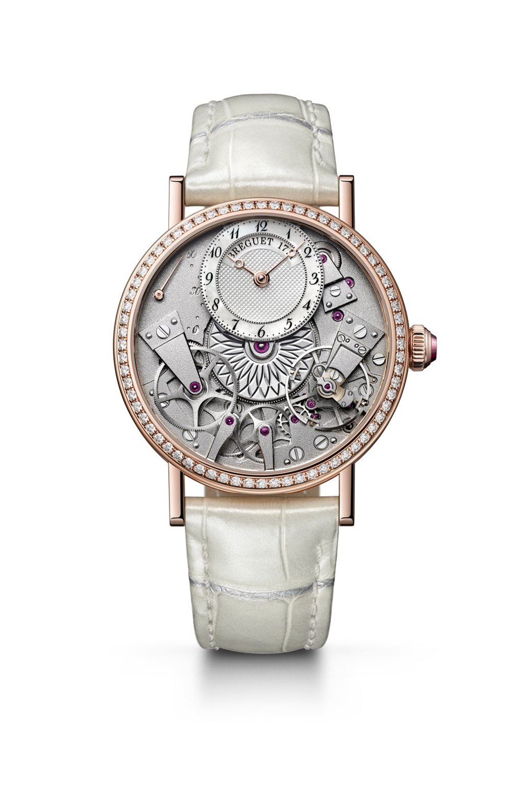 Breguet. The engine-turned rose gold timepiece has a bezel set with 68 brilliant-cut diamonds, a dial in natural white mother-of-pearl, and gold hands, HK$303,900