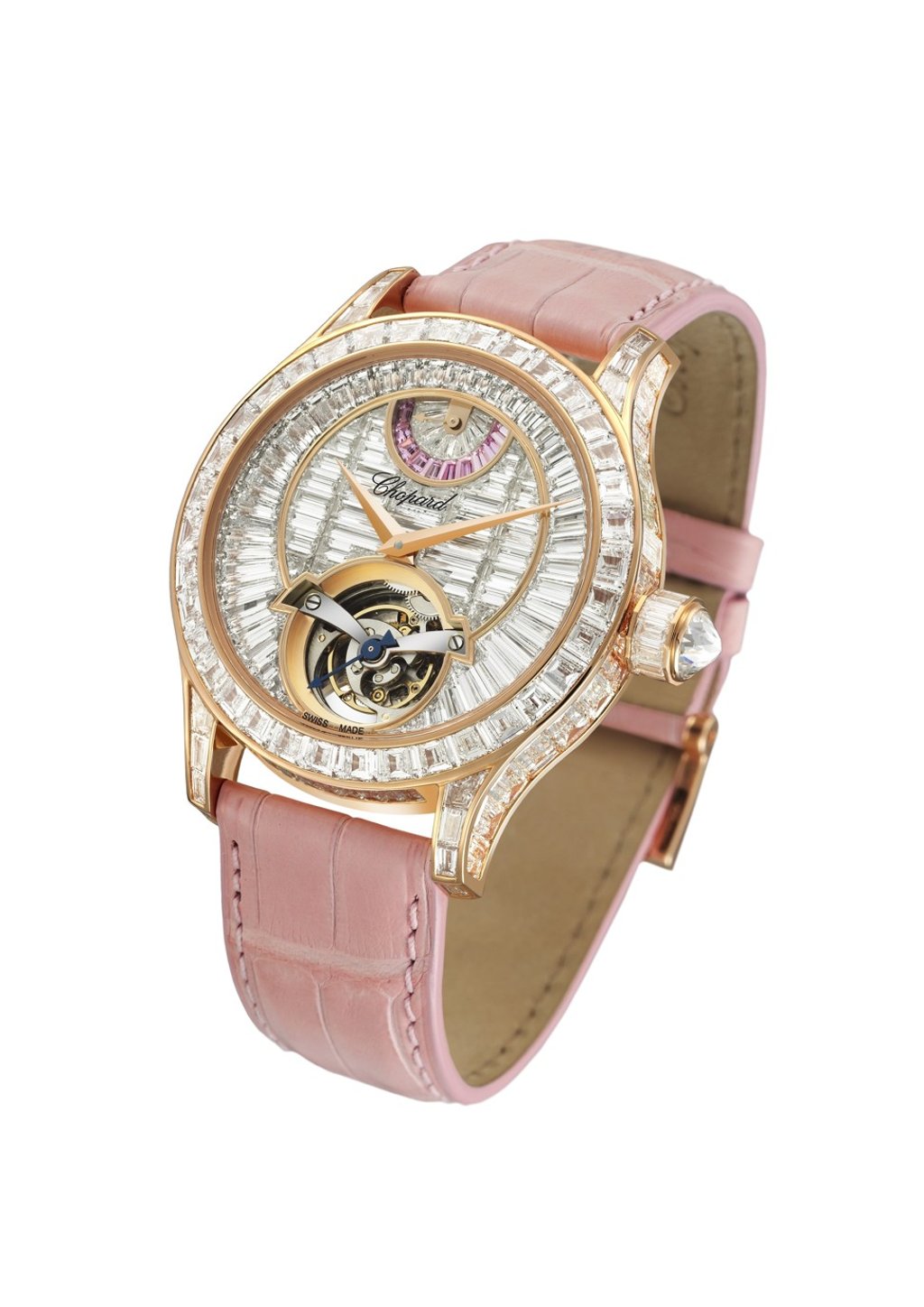 Chopard. Adorned with 189 baguette-cut diamonds and 10 pastel pink sapphires on the dial, the tourbillon watch, set in 18ct rose gold, is limited to only 25 pieces. It also features 10 diamonds on the buckle and 13 diamonds on the crown, HK$4.57 million