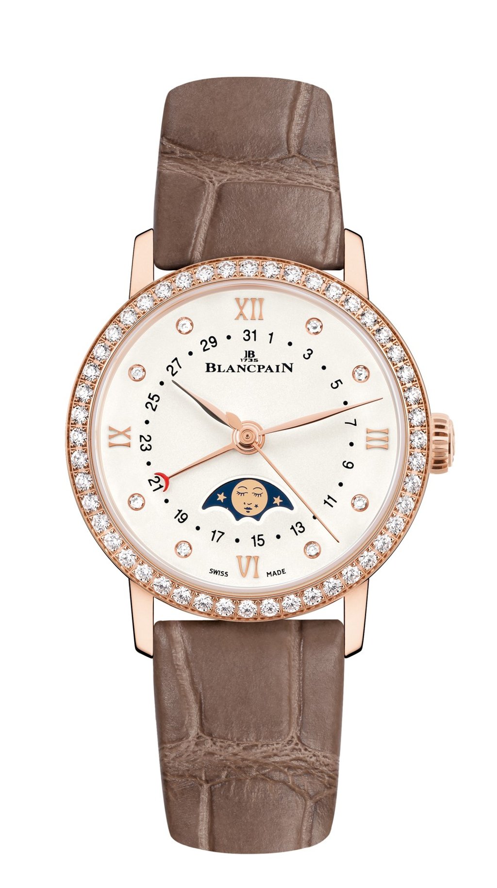 Blancpain. With a bezel adorned with 48 full-cut diamonds, the new Villeret watch has an opaline dial, leaf-shaped hands, a date display and a sapphire moon-phase indication, HK$152,500