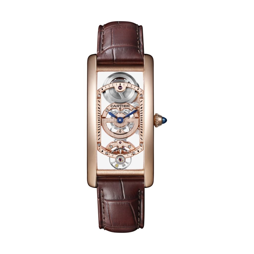 Cartier. The rectangular rose gold watch from the classic Tank collection features blued-steel sword-shaped hands and a beaded crown set with a sapphire cabochon. The transparent case back reveals the skeleton movement, HK$457,000