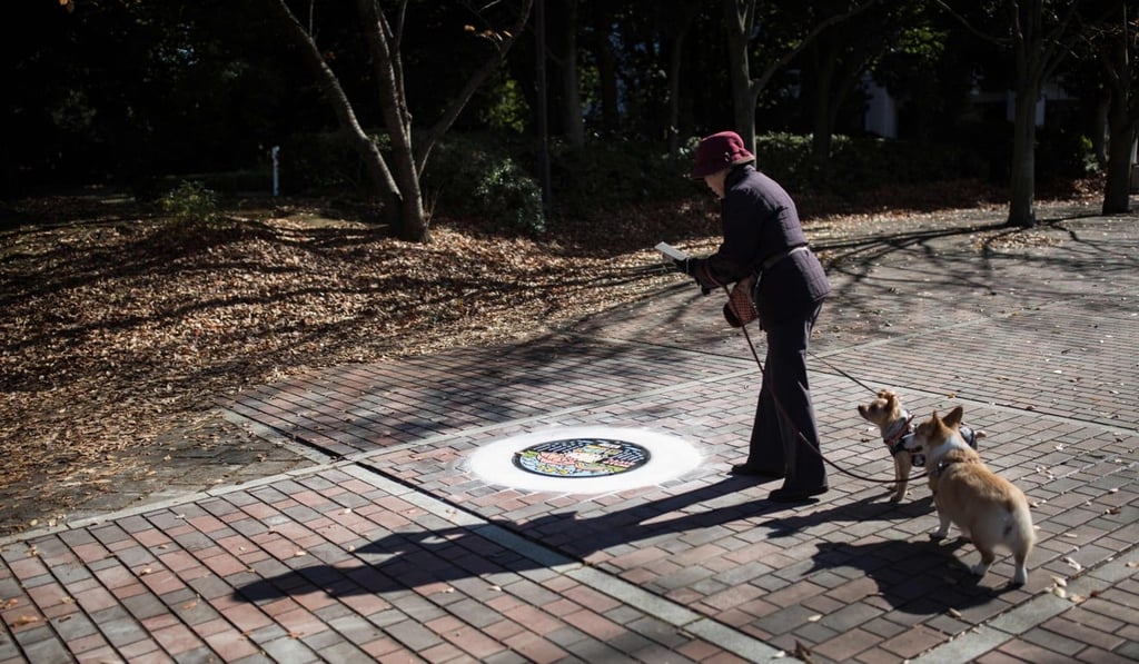 A woman takes pictures of a newly-designed manhole cover at Tama Chuo park in Tama city, Tokyo prefecture. Photo: AFP