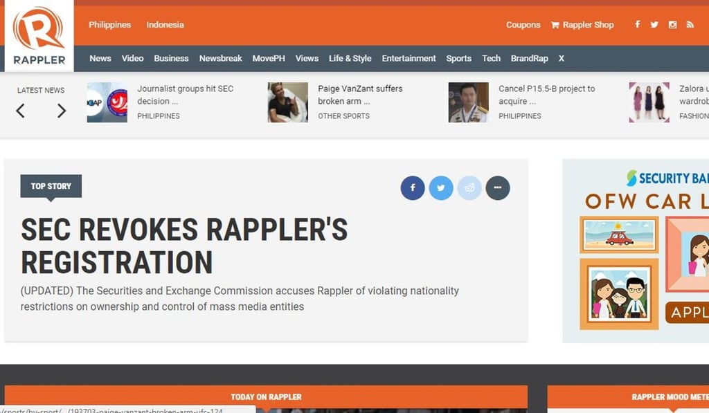 The Philippine government has revoked the operating licence of leading news website Rappler. Photo: Handour