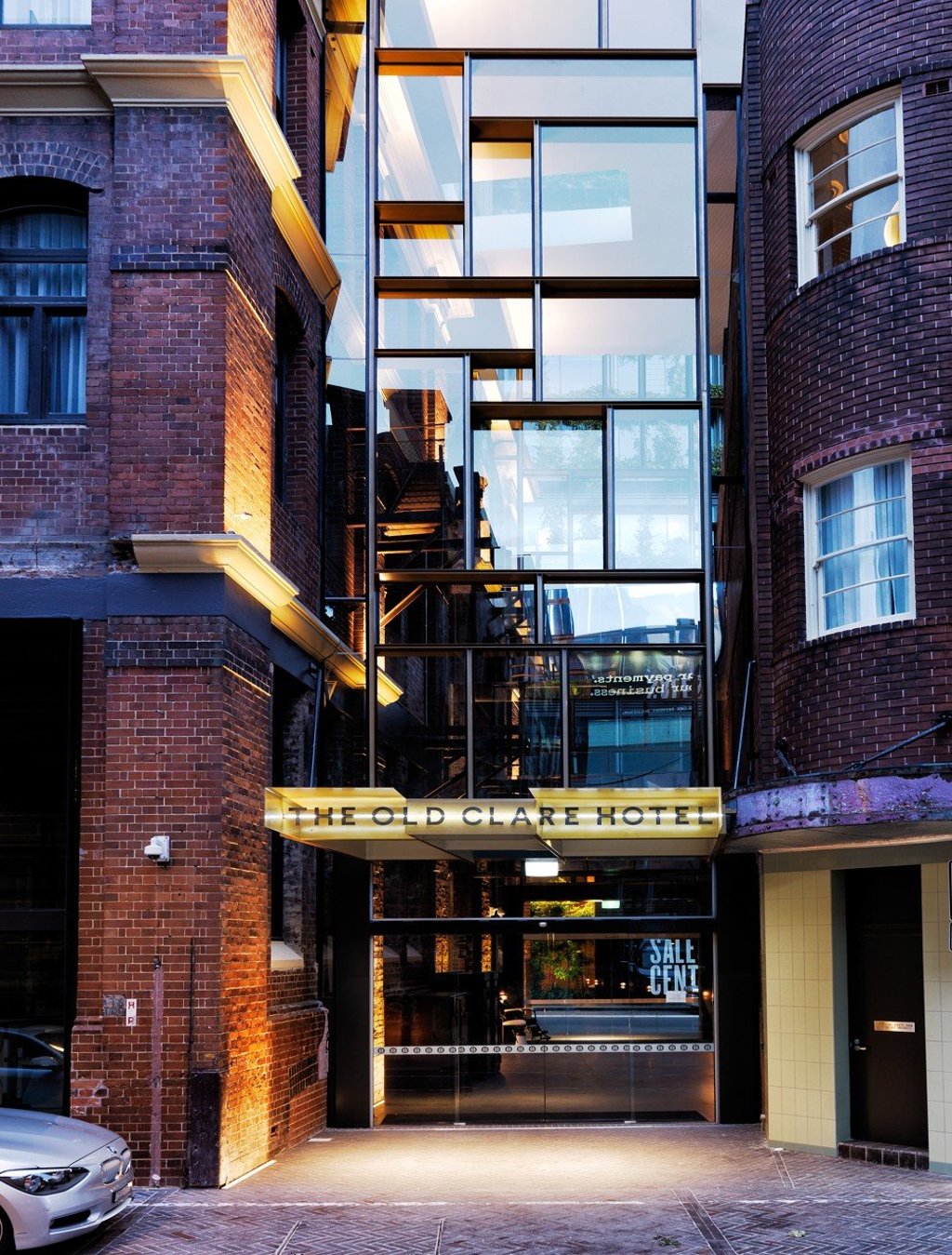 The glass linkway connecting the former Clare Hotel and the Carlton & United Breweries offices.