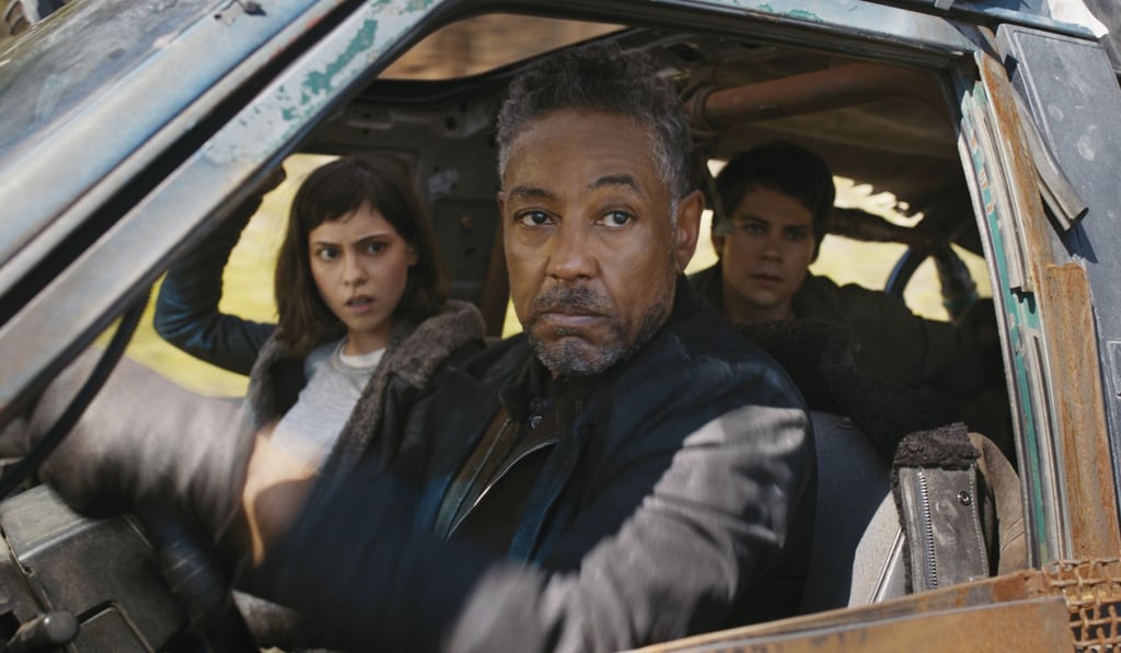 Kaya Scodelario, Giancarlo Esposito and Dylan O'Brien in a still from Maze Runner: The Death Cure.