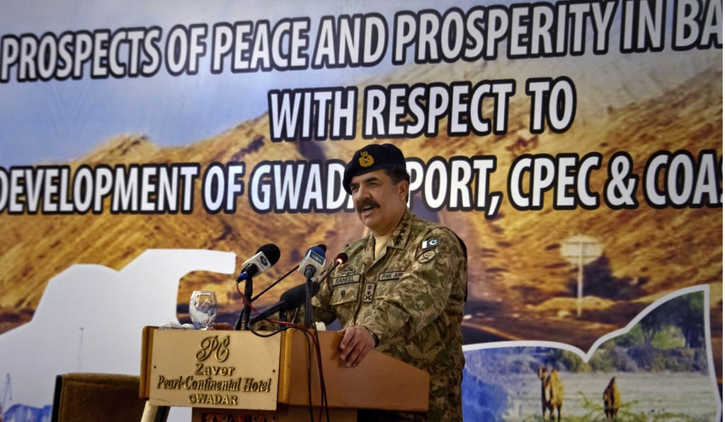 Pakistan’s former army chief, General Raheel Sharif, addresses the China-Pakistan Economic Corridor seminar in Gwadar, Pakistan, in April 2016. China recently expressed hope that the economic corridor could benefit the whole region and act as an impetus for development. Photo: AP Pakistan’s former army chief, General Raheel Sharif, addresses the China-Pakistan Economic Corridor seminar in Gwadar, Pakistan, in April 2016. China recently expressed hope that the economic corridor could benefit the whole region and act as an impetus for development. Photo: AP