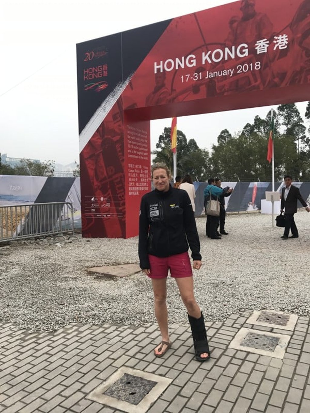 Netherlands’ Team Brunel member Annie Lush shows off the injury she suffered in the Volvo Ocean Race. Photo: Robby Nimmo.