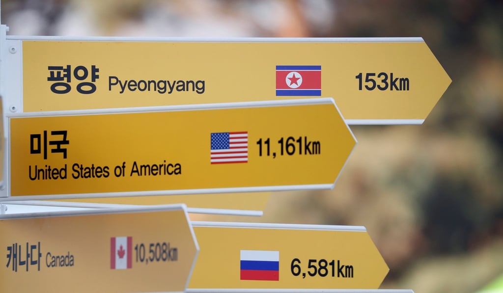 A directional sign bearing North Korean and US flags near the demilitarised zone separating the two Koreas in Paju, South Korea. Photo: Reuters