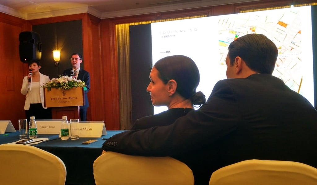 Nicole Kushner Meyer (centre), the sister of US White House senior adviser Jared Kushner, and her husband Joseph Meyer look on during a promotional event in Shanghai on May 7, 2017. Photo: Agence France-Presse