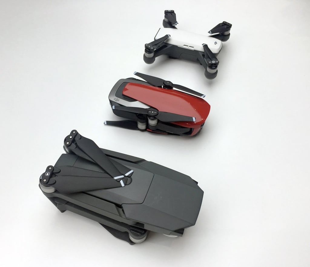 DJI’s Mavic family of lightweight recreational drones: (bottom to top) Mavic Pro, Mavic Air, and Spark. Photo: SCMP/ Josh Ye
