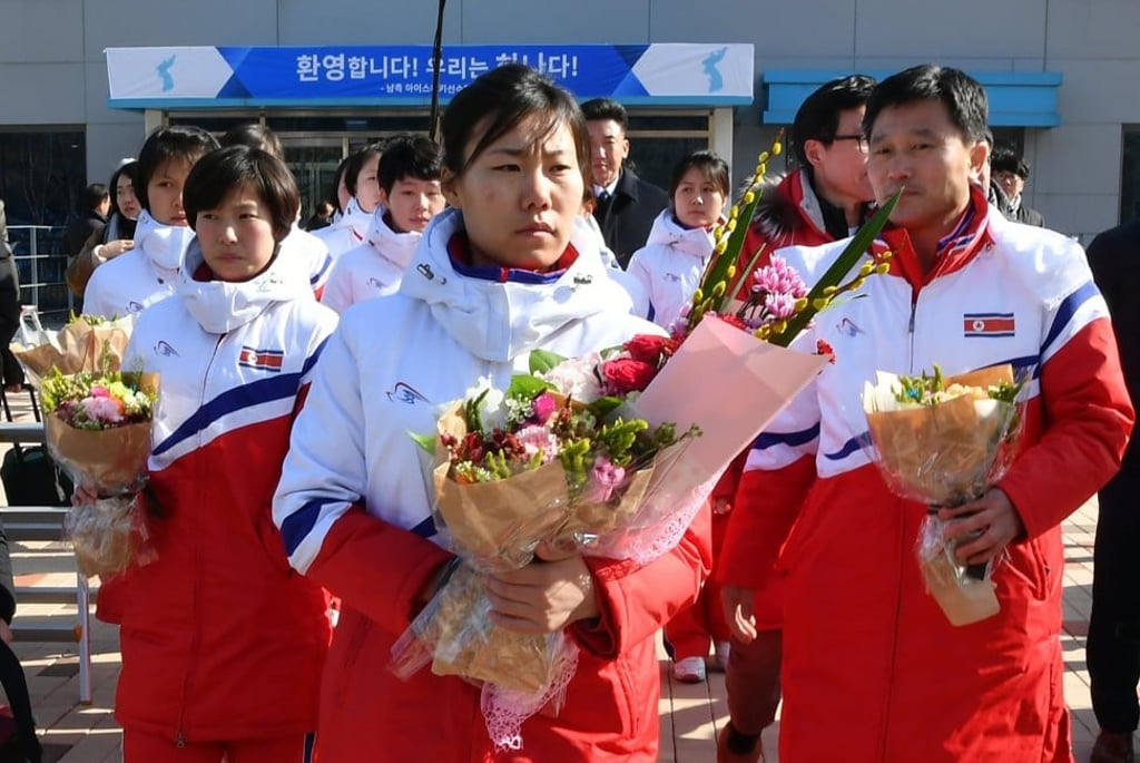 North Korean women’s ice hockey players arrive at South Korea’s national training centre in Jincheon, South Korea. Photo: EPA