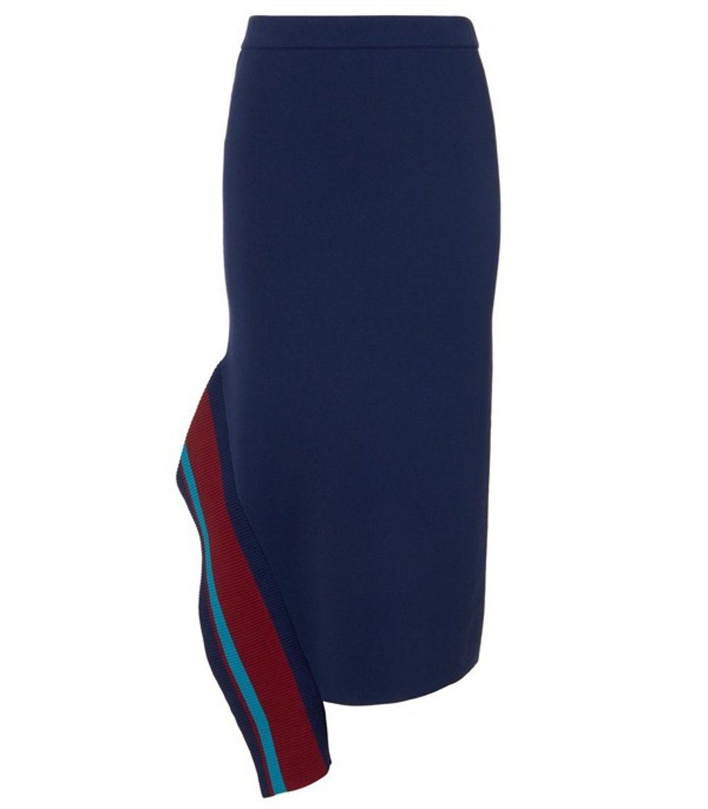 Tibi’s jacquard knit skirt comes with an asymmetrical side detail. Tibi’s jacquard knit skirt comes with an asymmetrical side detail.