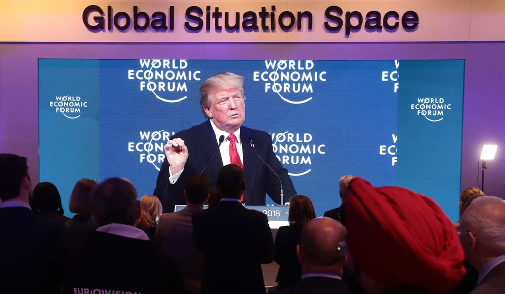 A television screen shows US President Donald Trump delivering a speech at the World Economic Forum (WEF) in Davos. Photo: Bloomberg A television screen shows US President Donald Trump delivering a speech at the World Economic Forum (WEF) in Davos. Photo: Bloomberg
