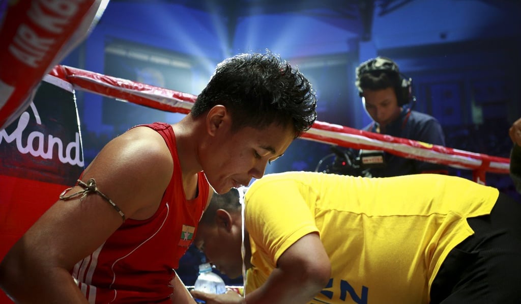 A female fighter at the AIR KBZ Aung Lan Lethwei Championship 2017.
