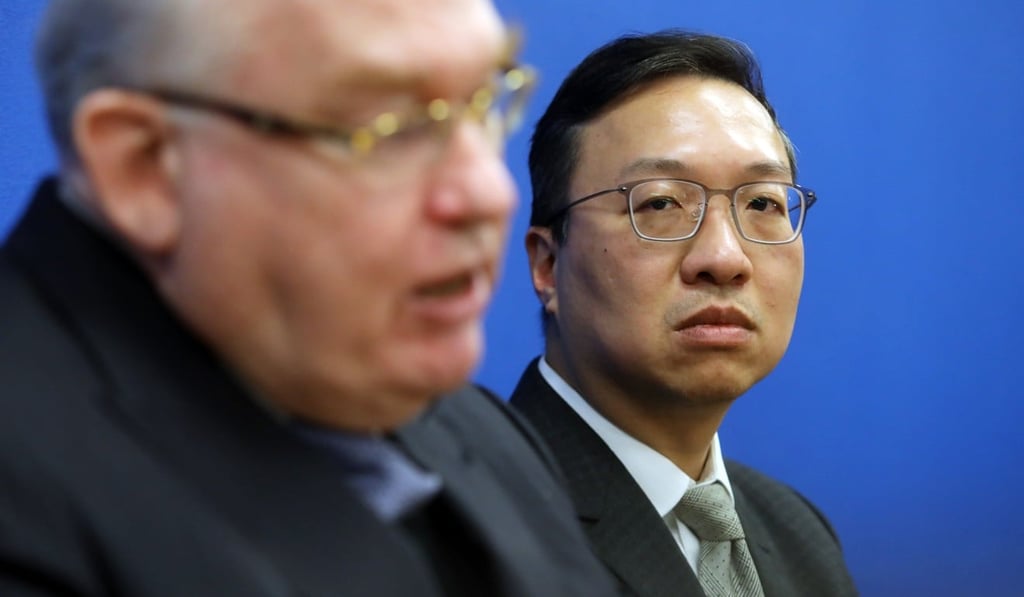 Newly elected Hong Kong Bar Association Chairman Senior Counsel Philip Dykes with outgoing chairman Senior Counsel Paul Lam. Photo: Sam Tsang