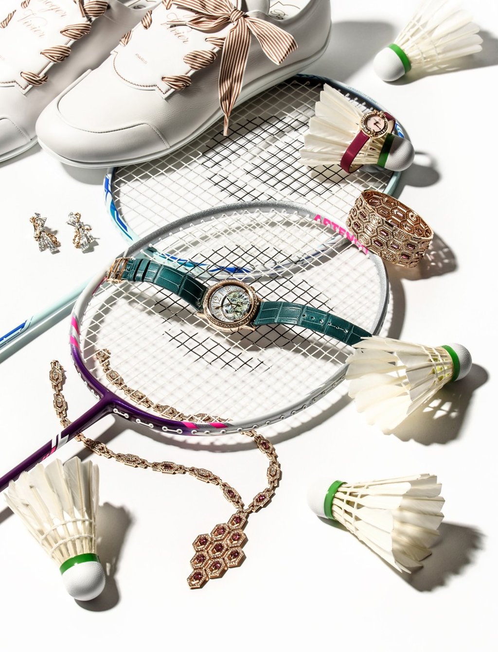 Jaeger-LeCoultre, Rendez-Vous Sonatina Amour Watch with green straps, HK$695,000; Chaumet, Insolence earrings with diamonds, HK$275,000, Hortensia Eden watch with pink straps, opal dial with diamonds, HK$93,000; Bvlgari, Serpenti Inspirations bracelet, HK$915,000, Serpenti Inspirations necklace, HK$853,000, both in pink gold with pink tourmalines and diamonds; Roger Vivier, shoes, HK$7,200.