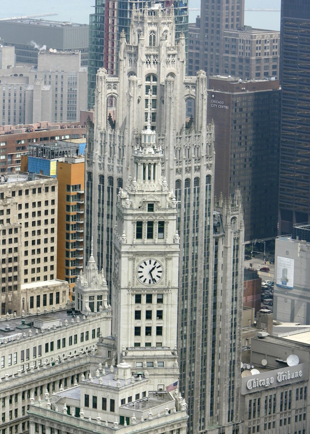 The Tribune Tower, centre, appears along with the Wrigley building, foreground, as two of Chicago's most famous examples of architecture. Tribune Tower, now owned by CIM Group of Los Angeles and Chicago-based Golub & Co, is being turned into a condominium. Photo: AP Photo