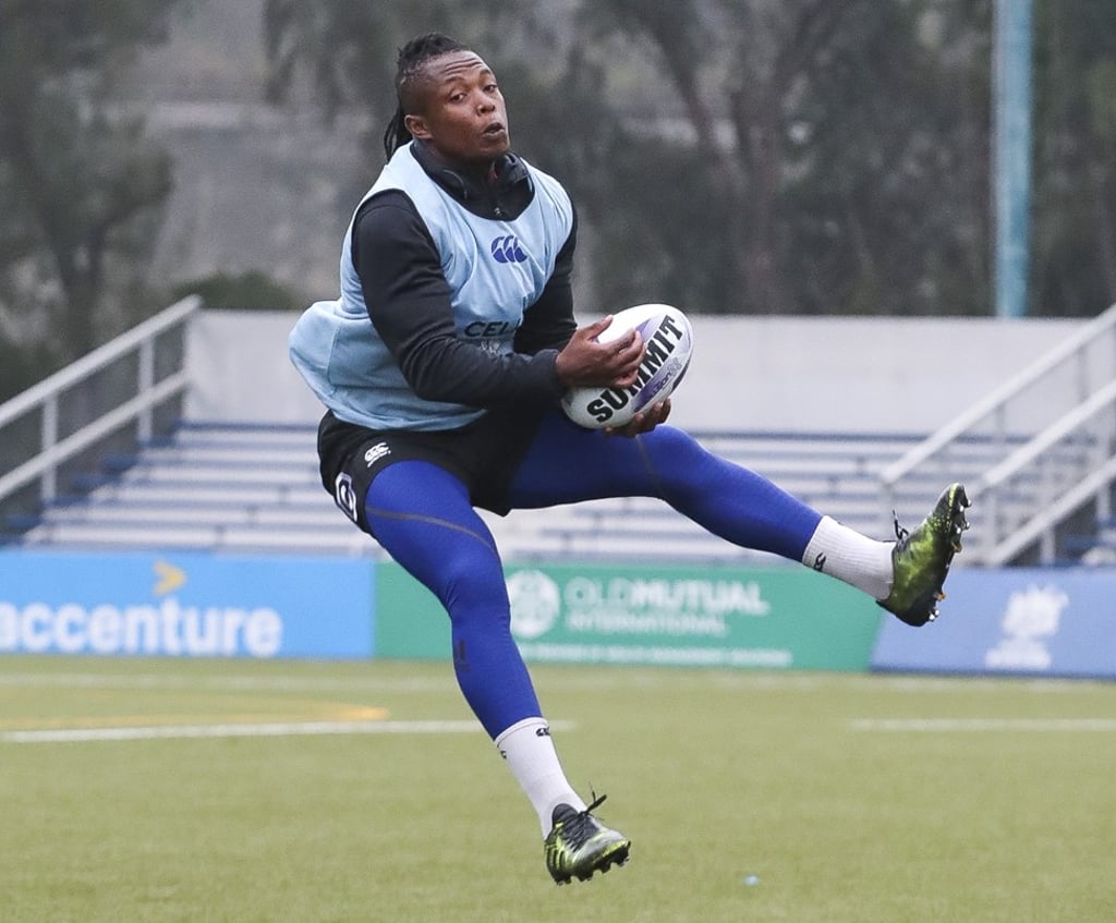 Sibusiso Nkosi takes to the skies during the Sharks’ training at King’s Park on Tuesday.