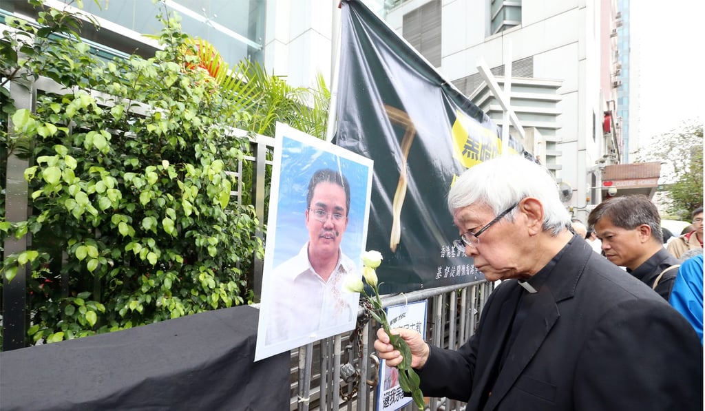 Chinese Cardinal of the Catholic Church Joseph Zen Ze-kiun protest outside the Liaison Office in Hong Kong’s Western District against the removal of the Holy Cross from 2,000 mainland churches . Photo: K. Y. Cheng