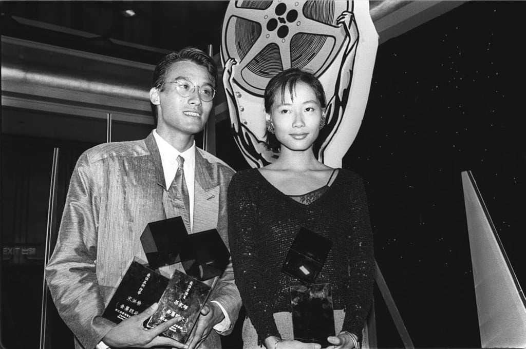 Leung and actress Cecilia Ip pose with their best leading actor and actress trophies at the 3rd Hong Kong Film Awards in 1983. Photo: Sam Chan