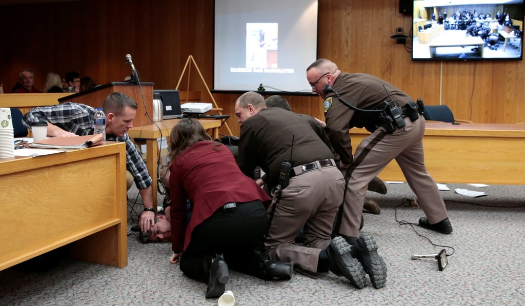 Eaton County Sheriffs restrain Randall Margraves. Photo: Reuters
