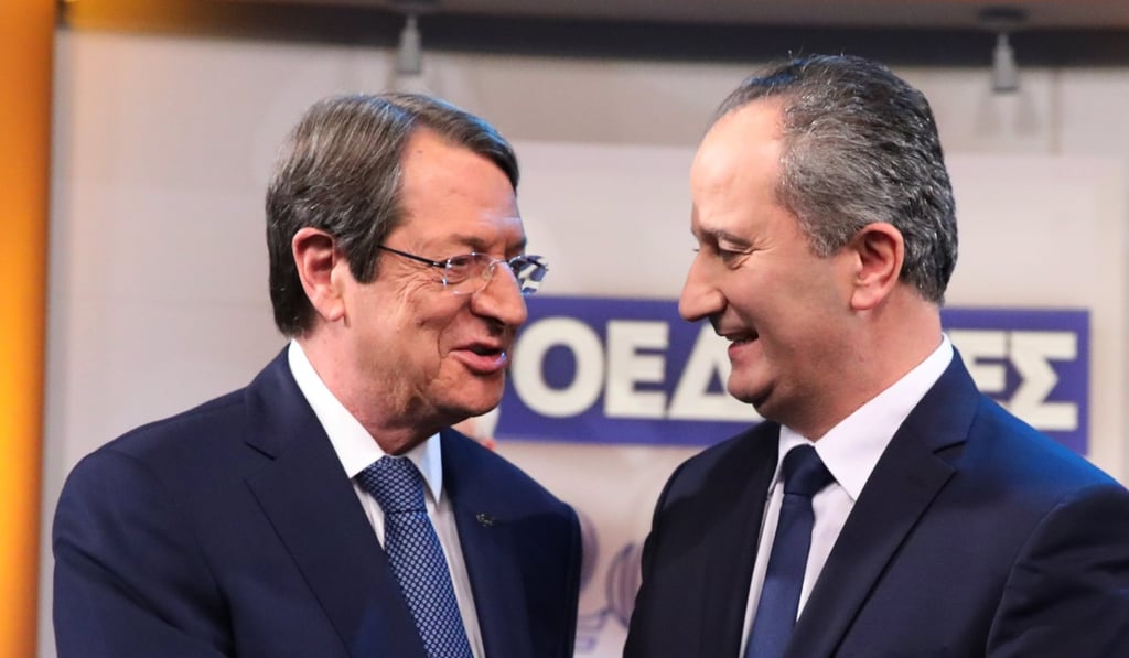 Two Cypriot presidential candidates, current leader Nicos Anastasiades and Stavros Malas. Photo: EPA