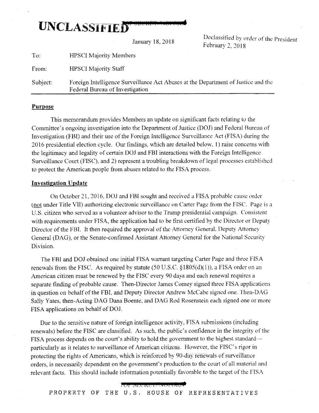 This is the first page of the four-page memo released by the House Intelligence Committee on Friday. The memo, prepared by Republicans on the House intelligence committee, says there was “a troubling breakdown of legal processes” in the Russia investigation. Photo: House Intelligence Committee via AP