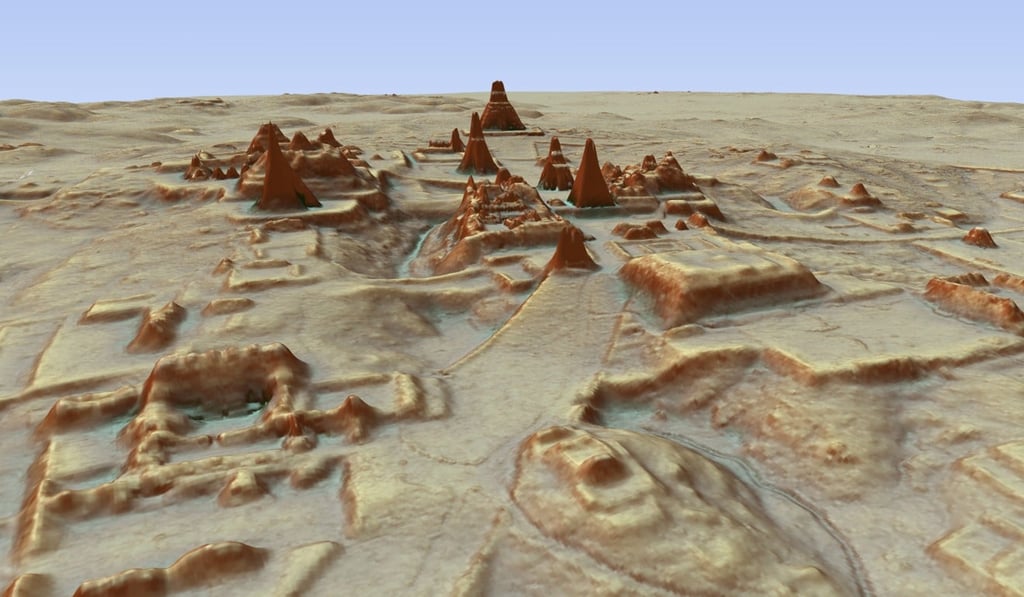 This digital 3D image provided by Guatemala's Mayan Heritage and Nature Foundation of the Mayan archaeological site at Tikal in Guatemala. Researchers found tens of thousands of previously undetected Mayan houses, buildings, defence works and roads in the dense jungle. Photo: AP