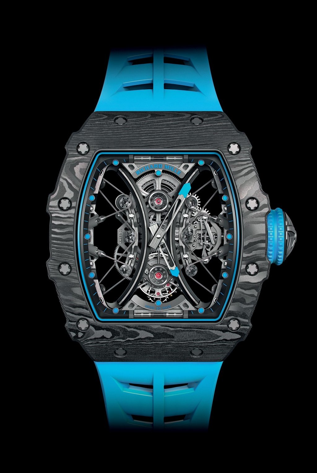 Richard Mille. The sporty RM53-01 Tourbillon Pablo Mac Donough, a collaboration with polo champion Pablo Mac Donough, reveals a suspended tourbillon calibre through the laminated sapphire glass of its carbon case. Price on request
