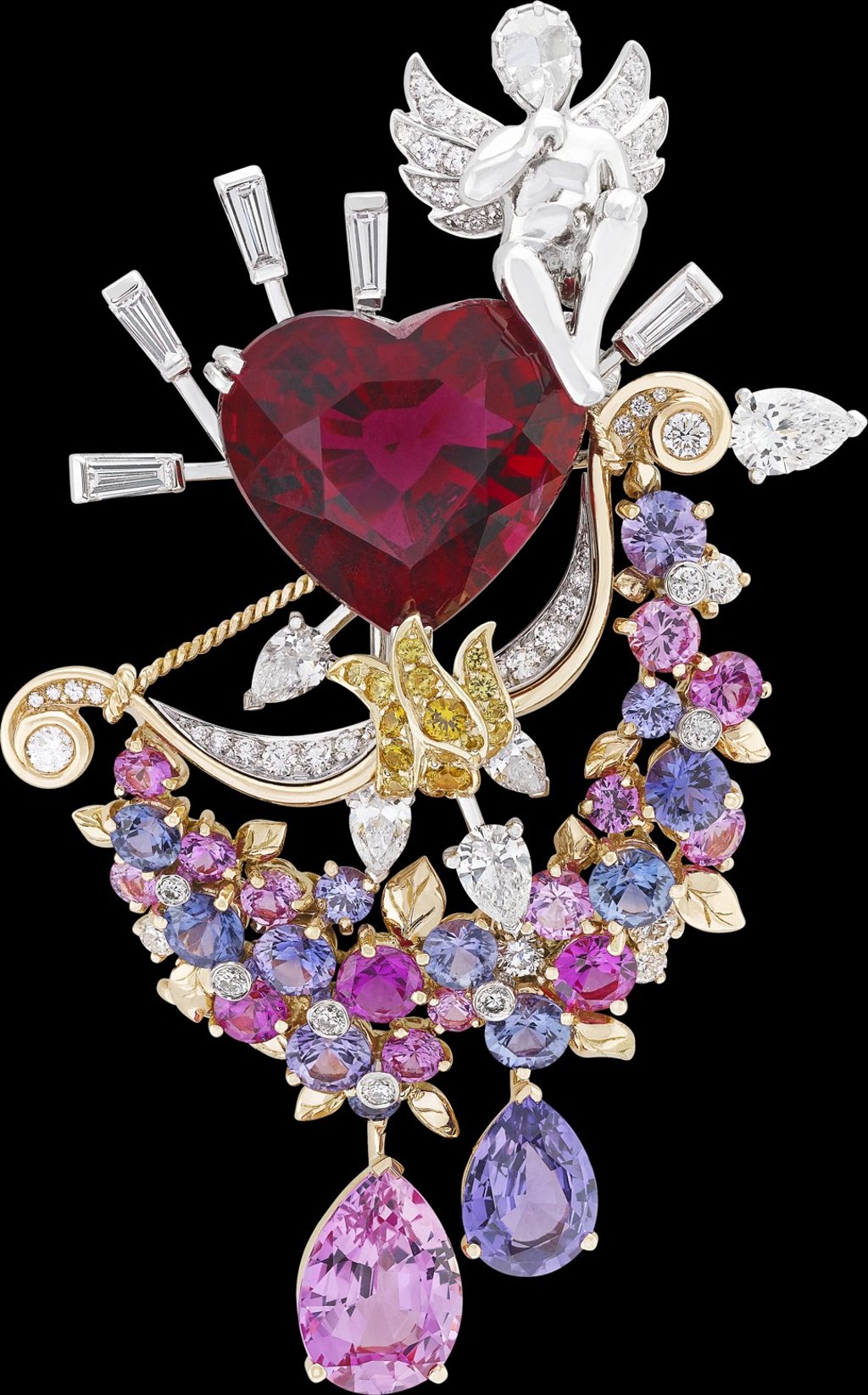 Van Cleef & Arpels. The Secret des Aoureux clip features the god of love, Cupid, surrounded by a 12ct heart-shaped rubellite, a bow crafted from a twisted thread of gold and arrows created with pear-shaped and baguette-cut diamonds. Price on request