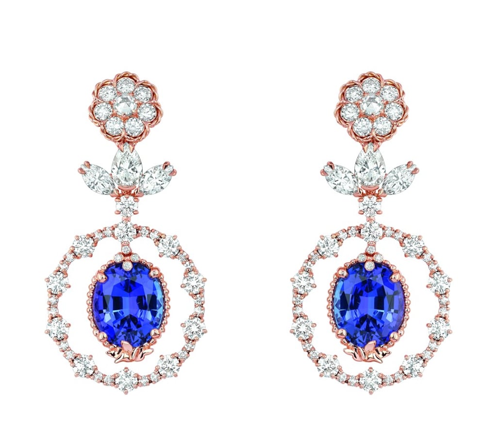 Dior. The earrings from the Palace of Versailles high jewellery collection, set in 18ct pink gold, are ornamented with diamonds and tanzanite. Price on request