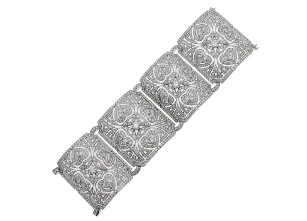 Bulgari. The elegant Giardini Italiani bracelet, in white gold and with four round brilliant-cut diamonds, has 26.37ct of pave diamonds forming a heart shape. Price on request