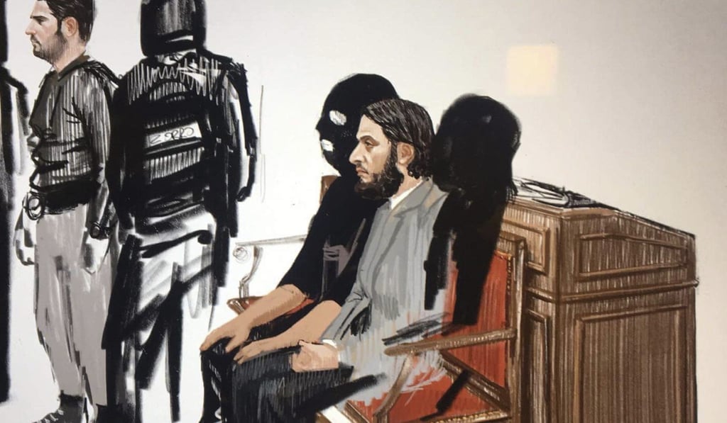 Salah Abdeslam (right) at the Brussels Justice Palace in Brussels. Photo: AP