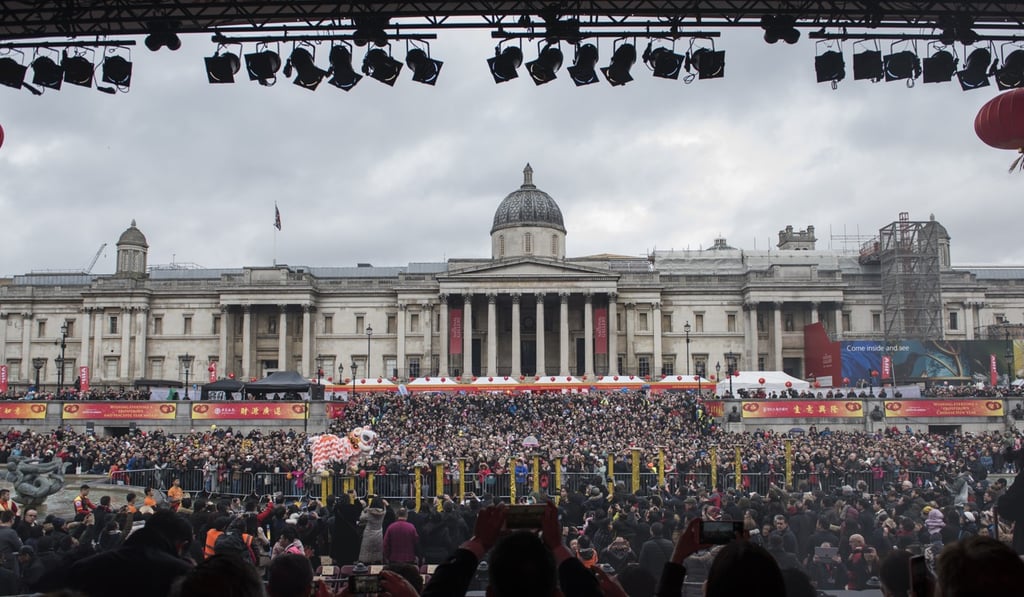Trafalgar Square packed with people celebrating Lunar New Year in London, 2017.