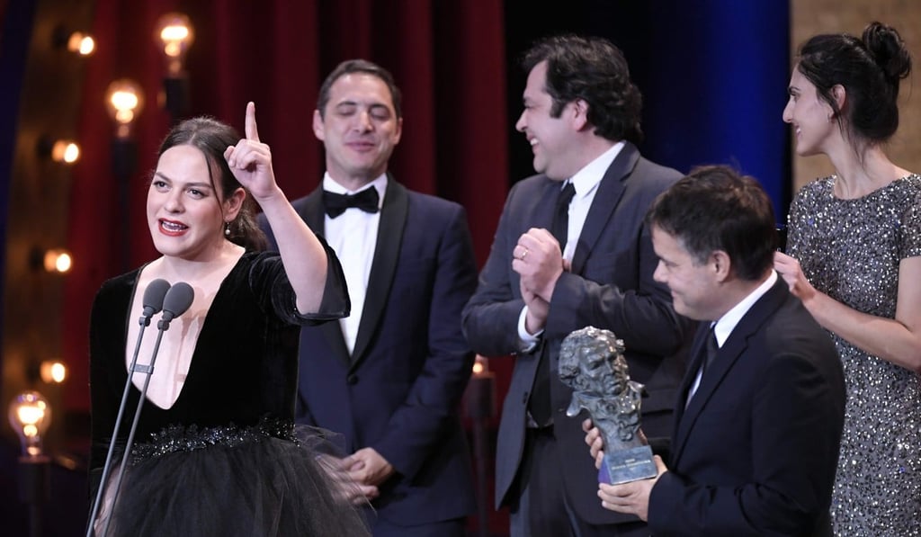 Vega speaks as Argentinian director Sebastian Lelio holds the best Latin-American film award for A fantastic woman at the Goya Awards in Madrid. Photo: AFP Vega speaks as Argentinian director Sebastian Lelio holds the best Latin-American film award for A fantastic woman at the Goya Awards in Madrid. Photo: AFP
