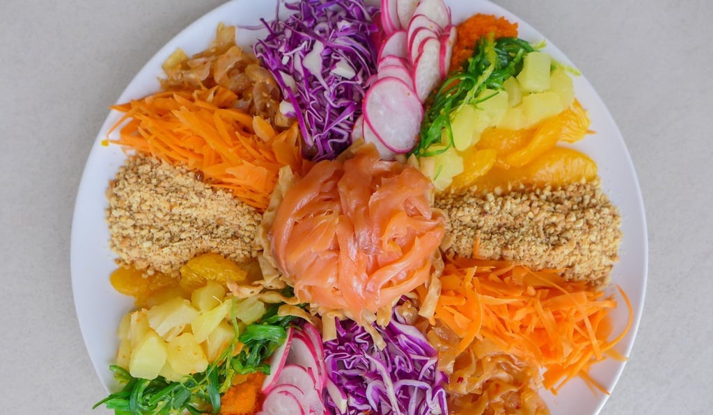 Prior to the prosperity toss, yu sheng ingredients are perfectly arranged.