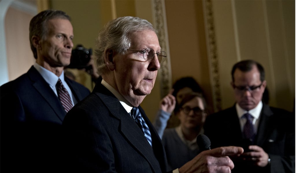 Senate Majority Leader Mitch McConnell (pictured last Tuesday) has proposed using the Pentagon funding to prop up the government into March, in the hope that an agreement on a proper budget will be arranged before then. Photo: Bloomberg Senate Majority Leader Mitch McConnell (pictured last Tuesday) has proposed using the Pentagon funding to prop up the government into March, in the hope that an agreement on a proper budget will be arranged before then. Photo: Bloomberg