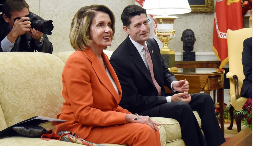 House minority leader Nancy Pelosi and House speaker Paul Ryan attend a meeting with US President Donald Trump in December 2017. The Trump presidency has widened the divide between the Democrats and the Republicans. Photo: Abaca Press / TNS