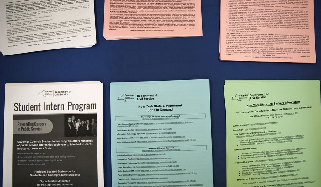 New York State Department of Civil Services paperwork is displayed during a Catalyst Career Group job fair in New York on February 7. Foreigners who live in the US - such as relatives of US citizens, or employees of US companies - will be affected by the proposed law. Photo: Bloomberg