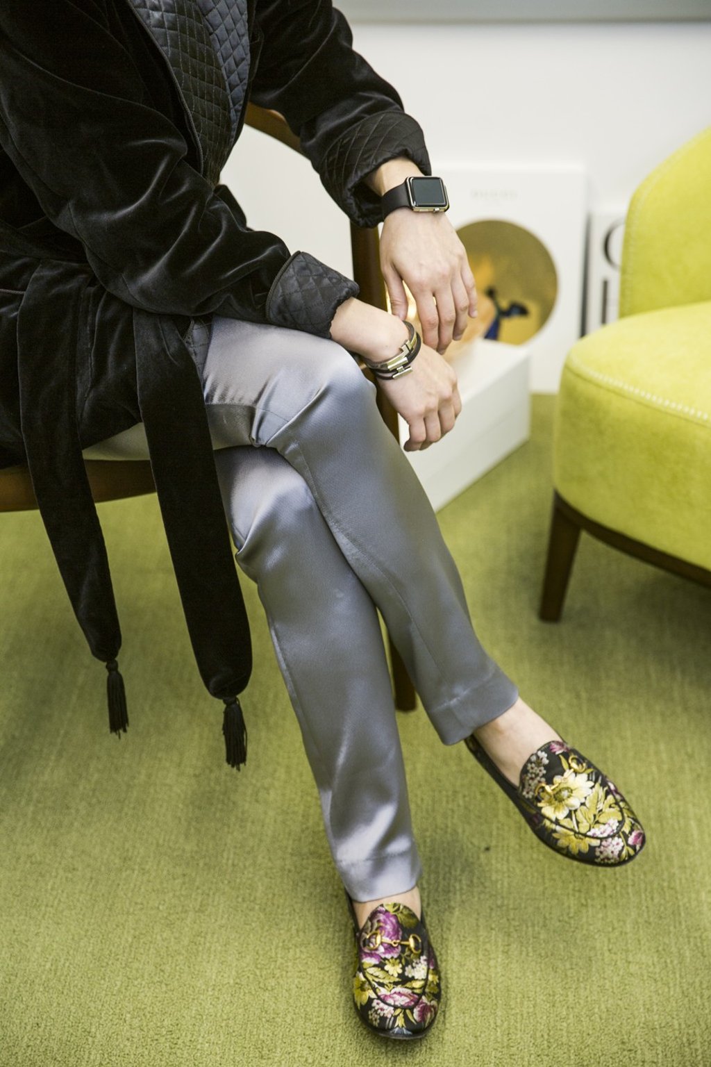Wong wears an Apple Watch, bracelets from Tiffany, and embroidered loafers by Gucci. Photo: Michelle Wong Wong wears an Apple Watch, bracelets from Tiffany, and embroidered loafers by Gucci. Photo: Michelle Wong