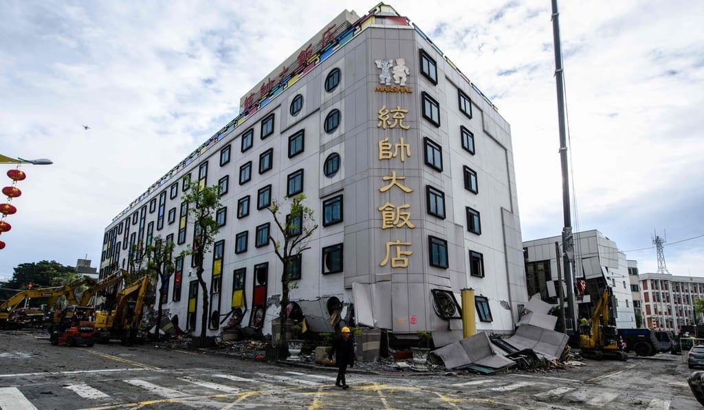 Tie Hsiung rescued both people – who had been trapped for 15 hours -from the partially collapsed Marshal Hotel (pictured) in Hualien, Taiwan, after the city was hit by a 6.4-magnitude quake late on Tuesday. Photo: AFP Tie Hsiung rescued both people – who had been trapped for 15 hours -from the partially collapsed Marshal Hotel (pictured) in Hualien, Taiwan, after the city was hit by a 6.4-magnitude quake late on Tuesday. Photo: AFP
