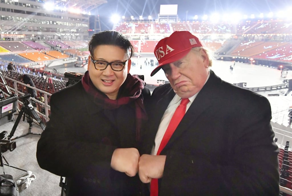 Howard and Dennis Alan as Kim Jong-un and Donald Trump at the Pyeongchang Winter Olympics opening ceremony in South Korea. Photo: Kyodo Howard and Dennis Alan as Kim Jong-un and Donald Trump at the Pyeongchang Winter Olympics opening ceremony in South Korea. Photo: Kyodo